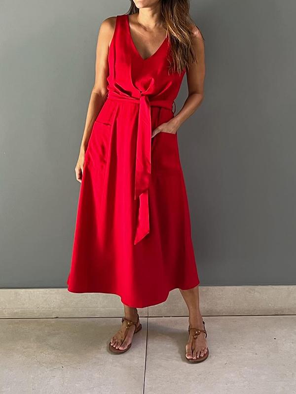 Ruby - Rotes Ärmelloses Kleid aus Baumwolle und Leinen