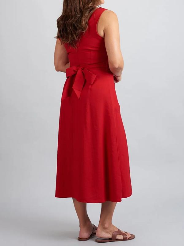 Ruby - Rotes Ärmelloses Kleid aus Baumwolle und Leinen