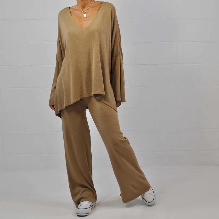 Amelia - Khaki Gestricktes Freizeitset mit Bluse und Hose