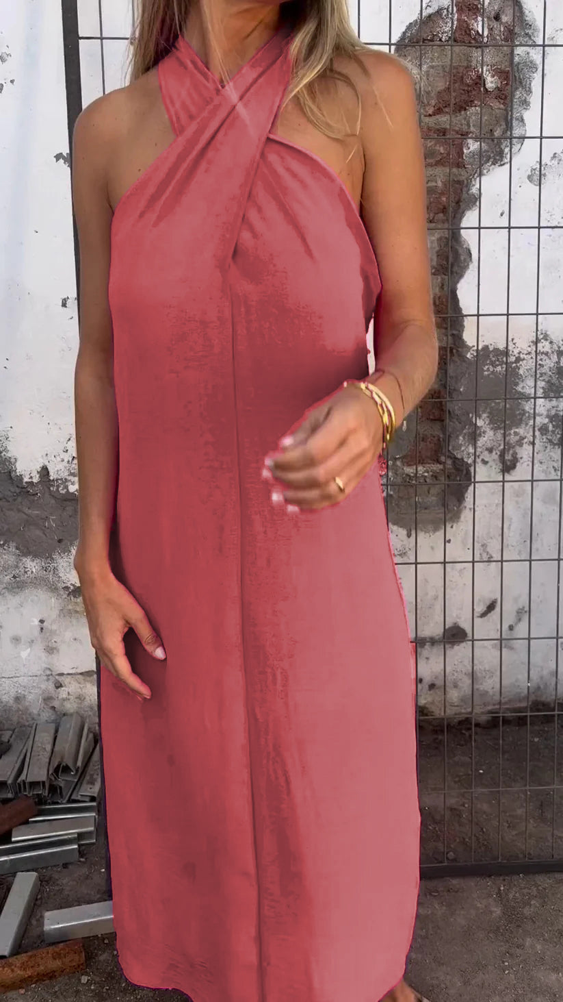 Eleanor - Lässiges Kleid mit Halterneck aus Baumwolle und Leinen