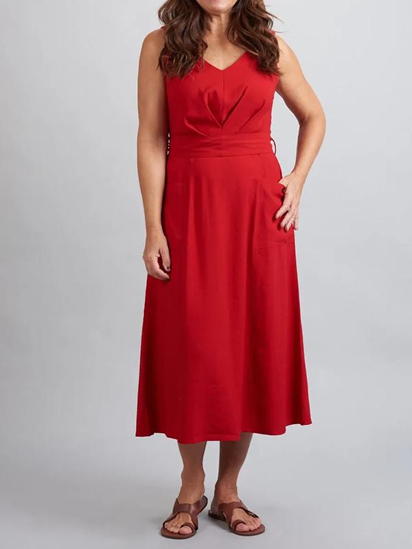 Ruby - Rotes Ärmelloses Kleid aus Baumwolle und Leinen