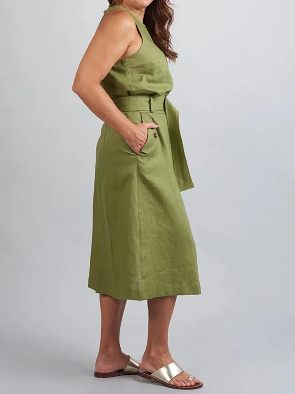 Cora - Grünes ärmelloses Kleid mit Gürtel und Knöpfen