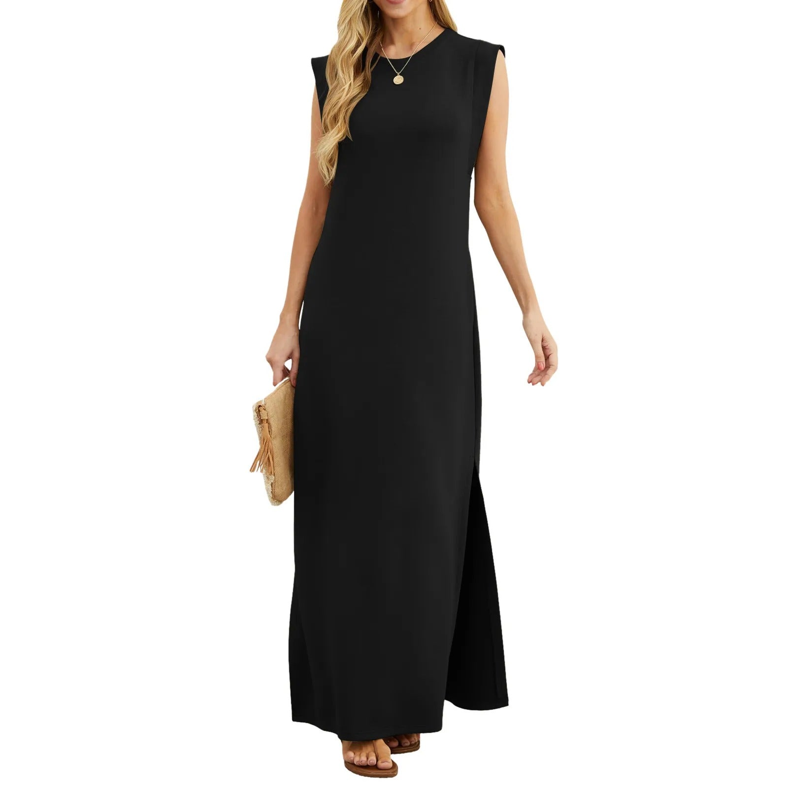 Schwarzes Knitterfreies Kleid mit Schlitz - Laura