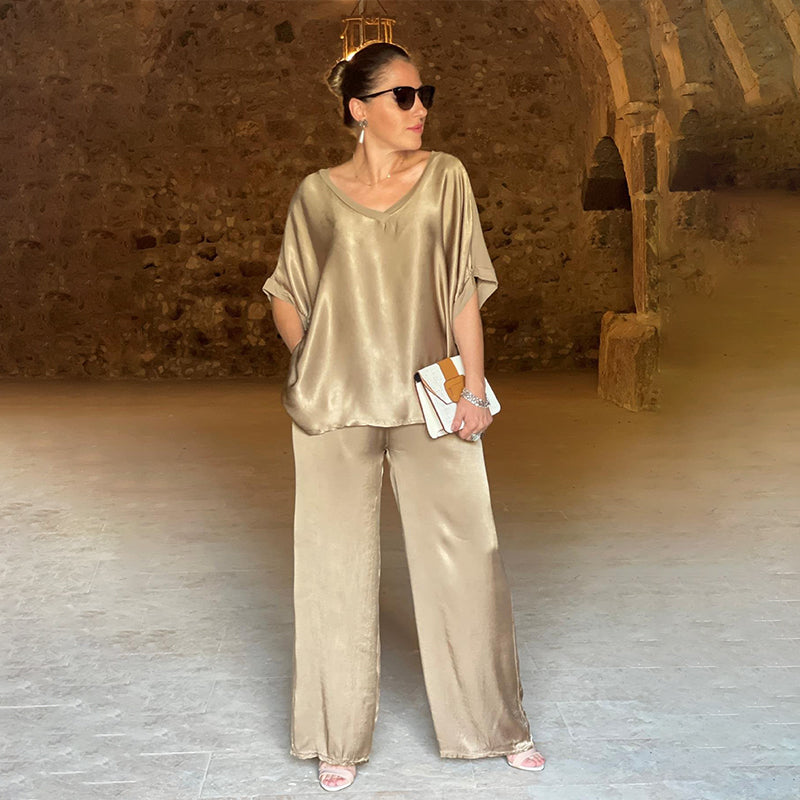 Grünes Glänzendes Plus Size V-Ausschnitt Zweiteiler - Lisa