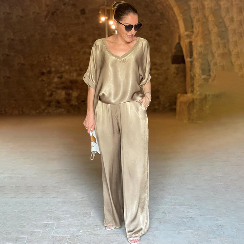 Grünes Glänzendes Plus Size V-Ausschnitt Zweiteiler - Lisa