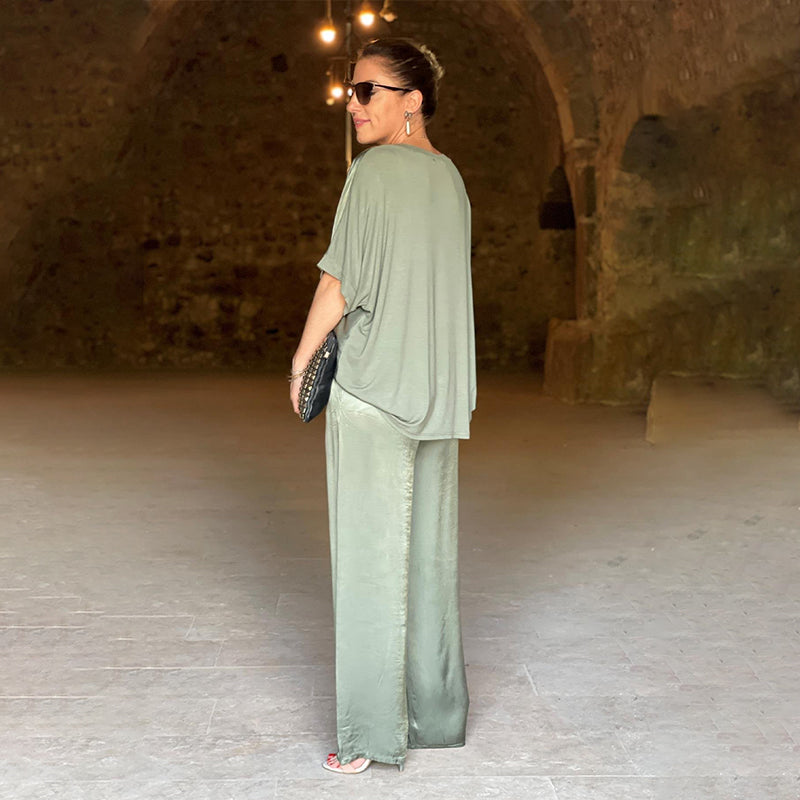 Grünes Glänzendes Plus Size V-Ausschnitt Zweiteiler - Lisa