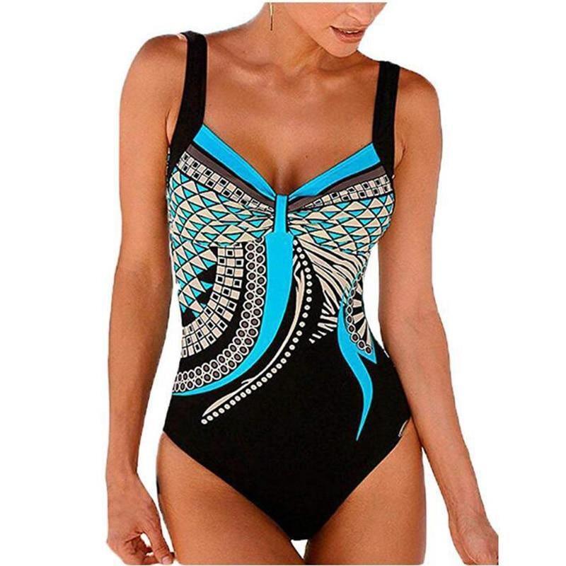 Marina | Retro Blauer Push-Up Badeanzug in Übergröße