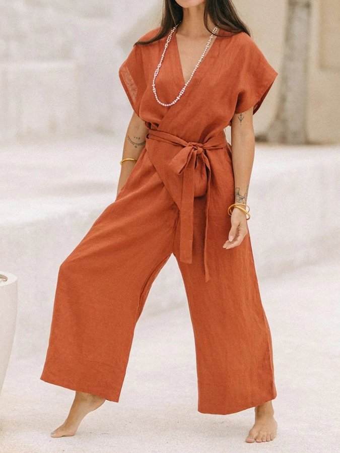 Stilvoller Vintage V-Ausschnitt Jumpsuit mit Kreuzbinde