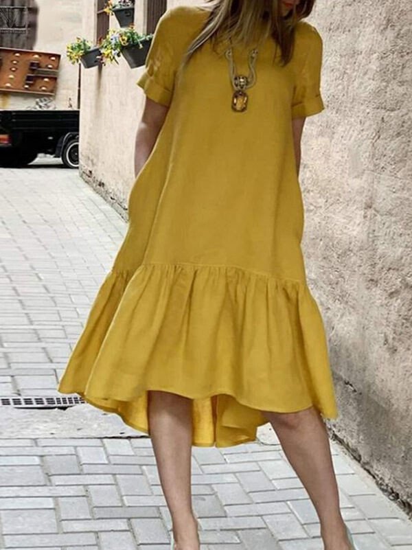 Schicker Baumwoll-Hanf-Kleid mit Rüschen und kurzen Ärmeln