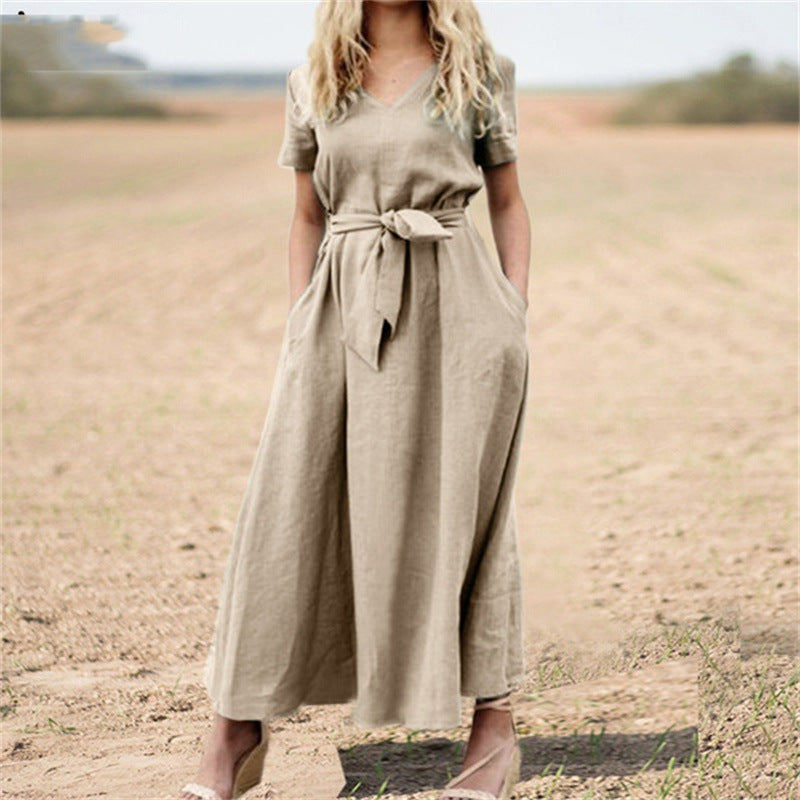 Elegantes Baumwoll-Maxikleid mit V-Ausschnitt & Gürtel