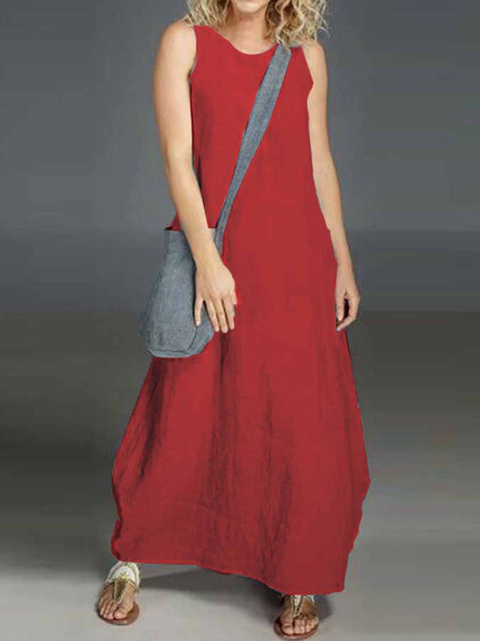 Chice Einfarbige Baumwoll-Leinen-Kleid