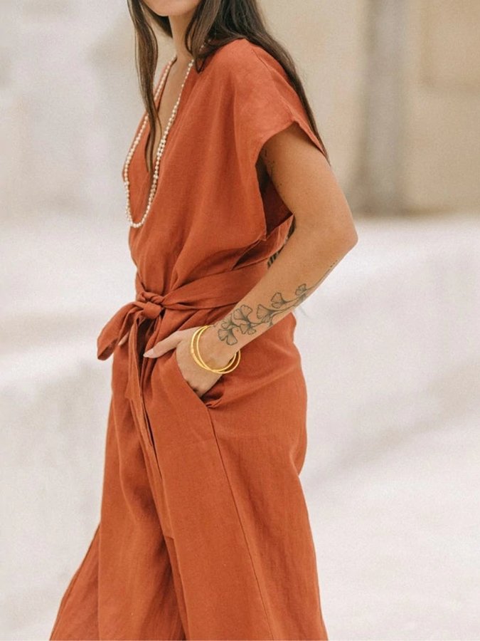 Stilvoller Vintage V-Ausschnitt Jumpsuit mit Kreuzbinde