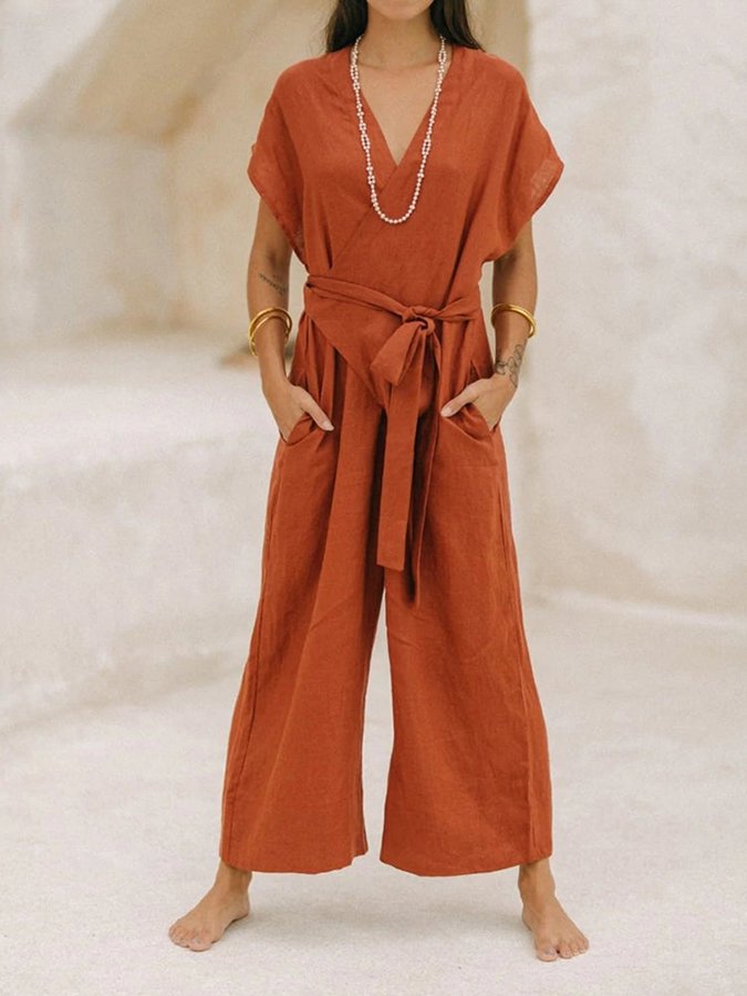 Stilvoller Vintage V-Ausschnitt Jumpsuit mit Kreuzbinde