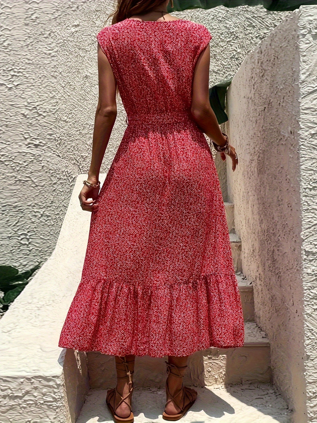 Charmantes Boho-Druck Midi-Kleid ohne Ärmel