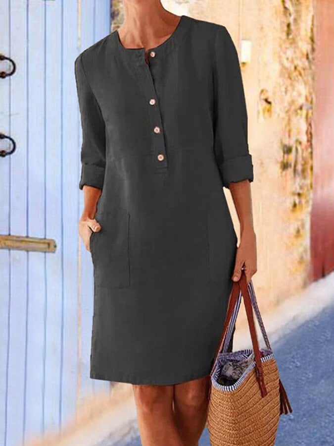 Elegantes Damenkleid aus Baumwoll-Leinen mit langen Ärmeln