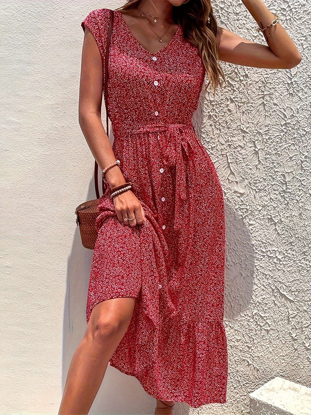 Charmantes Boho-Druck Midi-Kleid ohne Ärmel